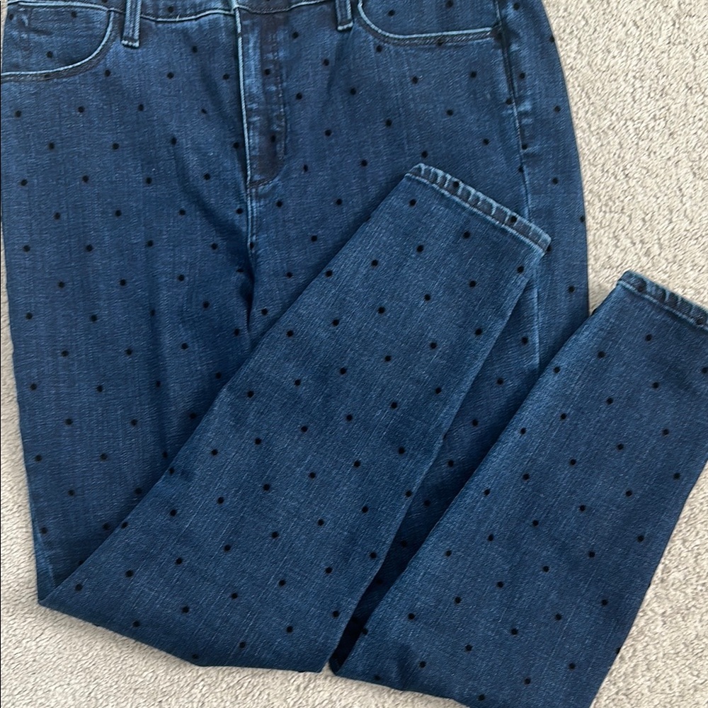 Talbots Blue Crop High Waisted Jeggings   with textured black polka dot on denim